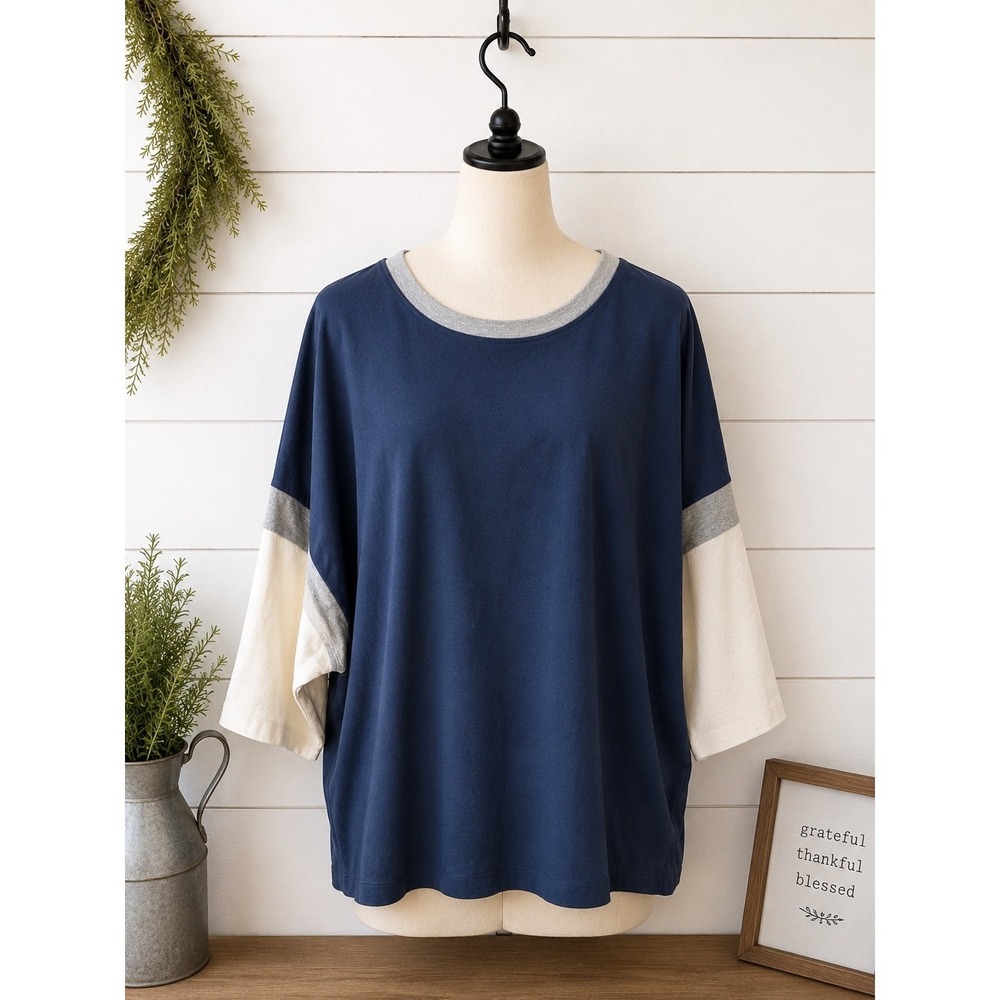 New J. Jill Fit Top Women 3X Navy Blue Colorblock 3/4 Sleeve Cotton Modal Tee